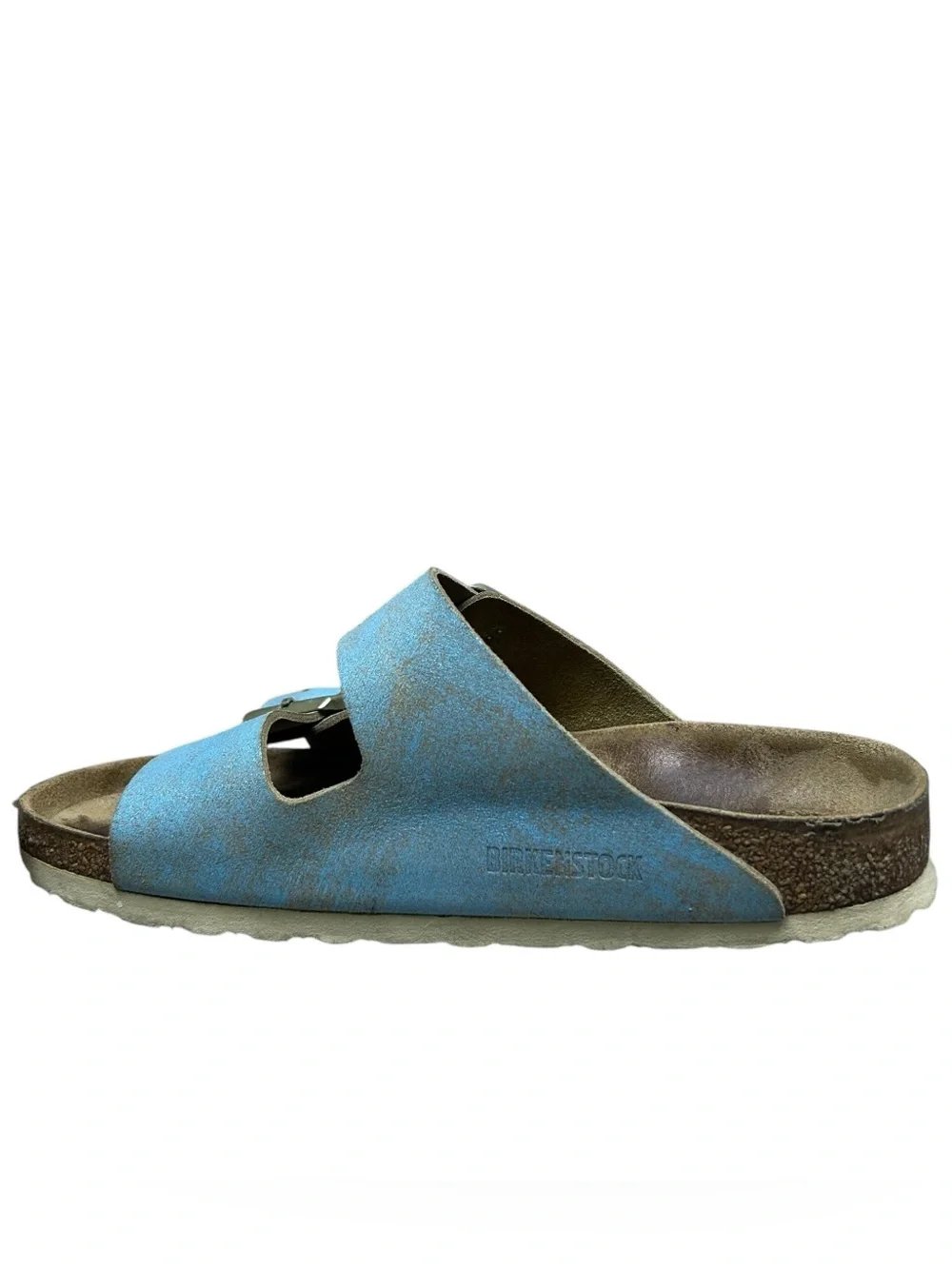 Birkenstock Womens Arizona Washed Metallic Aqua Suede Slides Sandals 38 EU/ 7 US